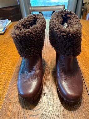 UGG Chocolate Brown Leather Shearling Cuff Ankle Boots